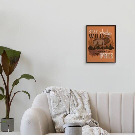 Stupell Industries Stay Wild and Free Phrase Forest Elk Landscape in Black Frame Wall Art